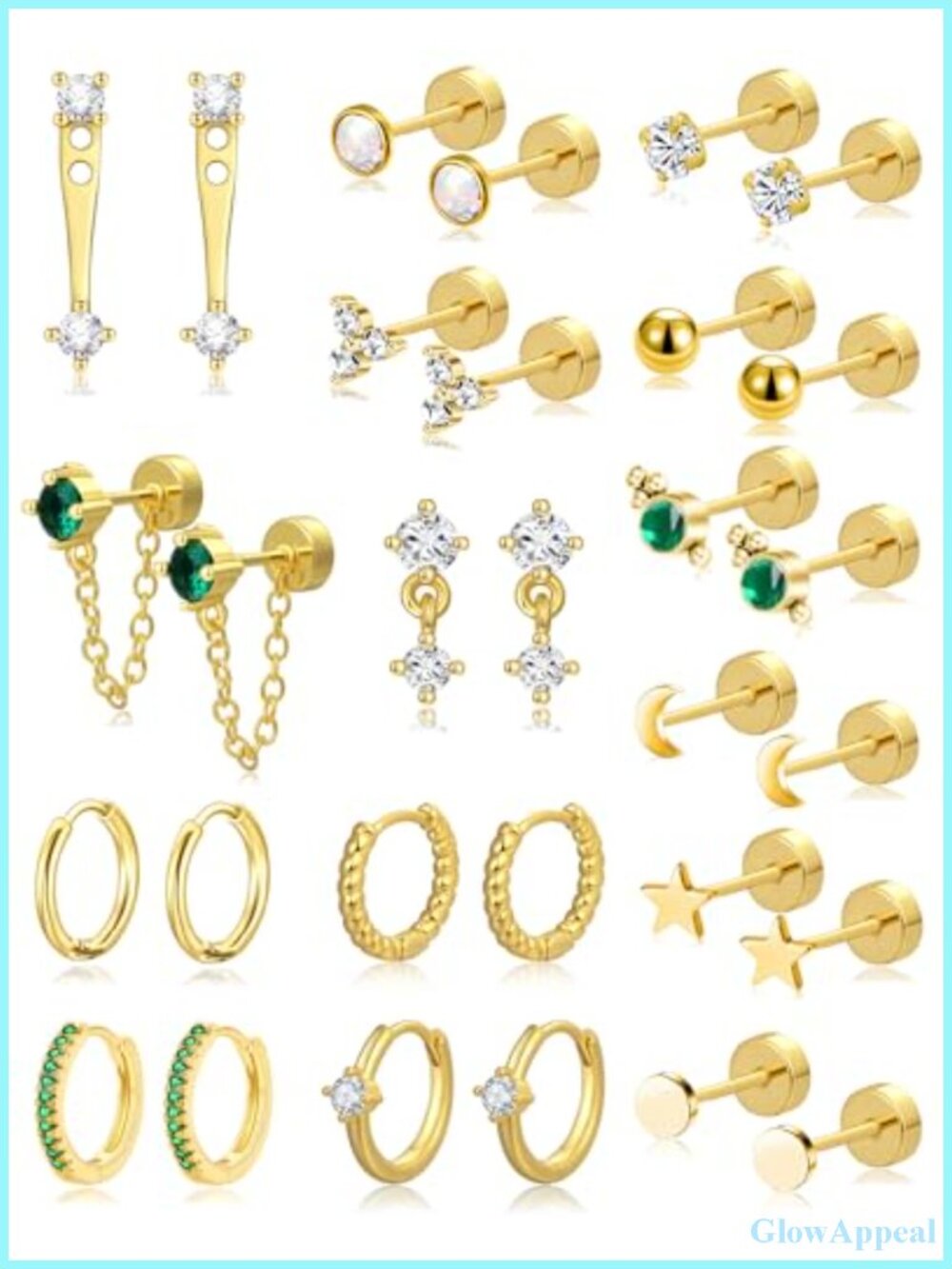 15 Pairs Tiny Stud & Hoop Earrings Set 20G Stainless Steel 18K Gold Plated
